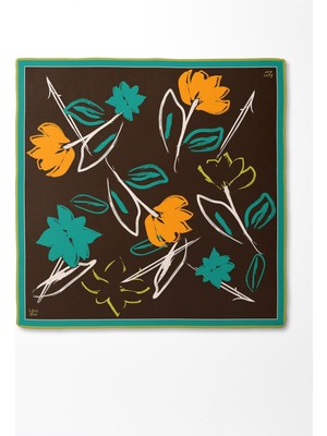 Yeşil Çiçek Desen Twill Ipek Eşarp