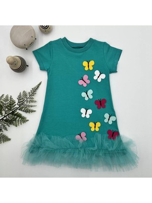 1-2-3 Yaş Renkli Kelebekler Nakışlı Eteği Fırfırlı Jile Çocuk Elbisesi