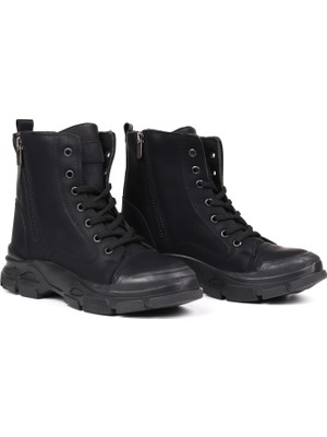 Kadın Siyah Nubuk Çift Fermuarlı Postal Bot – Kalın Taban Bağcıklı Rahat Günlük Şık ve Dayanıklı