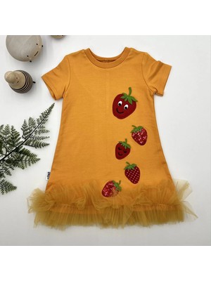 1-2-3 Yaş Payetli Çilekler Nakışlı Eteği Fırfırlı Jile Kız Çocuk Elbisesi