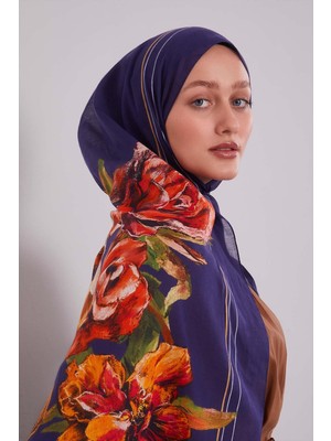 Lacivert Gül Desen Pamuk Şal