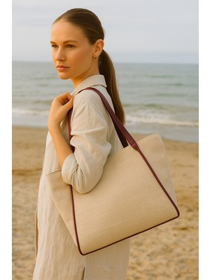 Kadın Omuz Çantası – Keten Kumaş Deri Detaylı Lüks Çanta