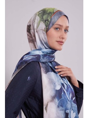 Kot Mavi Karışık Yaprak Desen Hint Ipeği Şal