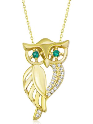 ​925 Ayar Gümüş Gold Yeşil Gözlü Baykuş Kadın Gümüş Kolye
