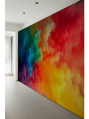 Renkli Duman Desenli Kırmızı Sarı Yeşil Mavi Geçişli Tek Parça Tekstil Duvar Kağıdı