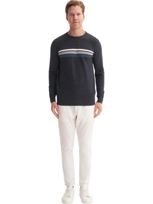 Soft Touch Slim Fit Basic Çizgi Baskılı Bisiklet Yaka Kazak