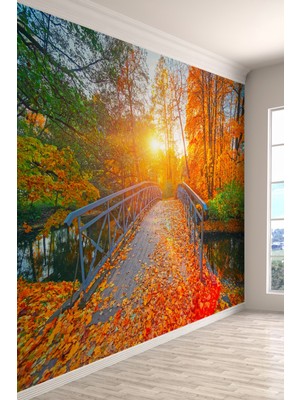 Gün Batımı ve Sonbahar Yaprakları Manzaralı Duvar Kağıdı