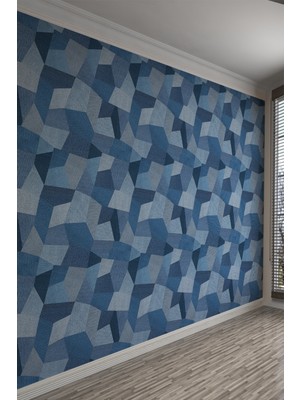 Mavi Retro Patchwork Desenli Tek Parça Duvar Kağıdı