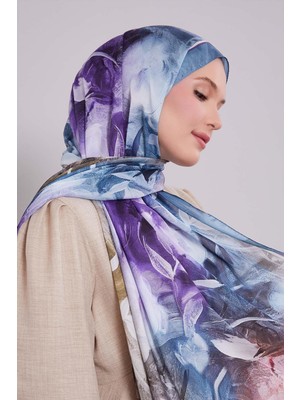 Mavi Karışık Yaprak Desen Hint Ipeği Şal