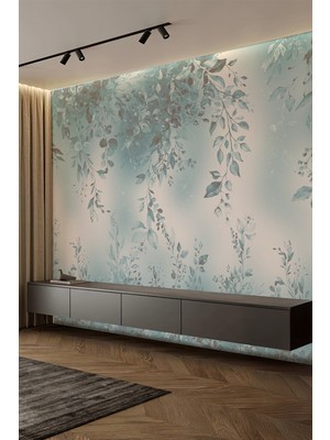 Pastel Mavi Sarmaşık Yaprak Desenli Tekstil Duvar Kağıdı