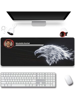 Sonictouch Kişiye Isme Özel Kartal Figürlü Siyah Beyaz Fotoğraflı Xxl Dikişsiz Gamer Klavye Mousepad 40X90CM