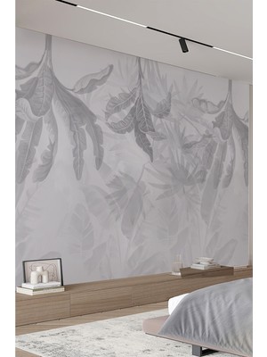 Gri Yaprak Desenli Tekstil Duvar Kağıdı