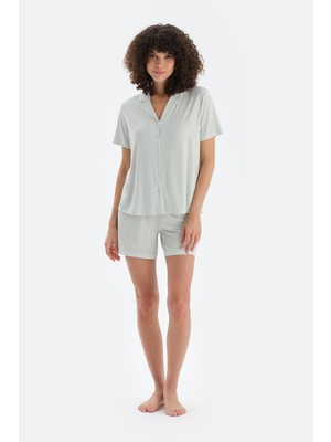 Açık Yeşil Çizgili Penye Modal Gömlek Şort Pijama Takımı
