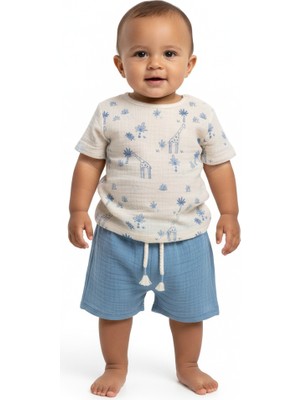 Zürafa ve Palmiye Desenli Müslin Erkek Bebek Takım