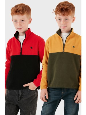 Lela Yumuşak Dokulu Yarım Fermuarlı Renk Bloklu Dik Yaka 2'li Paket Polar Çocuk Polar 5905004S2