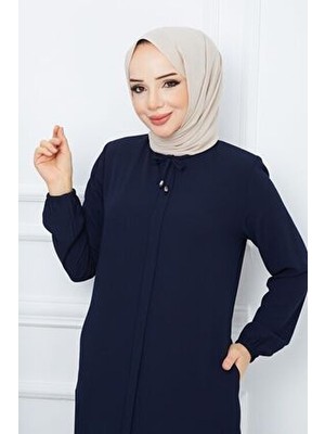 Tesettür Giyim Krep Kumaş Ferace Yaka Bağcıklı Lacivert