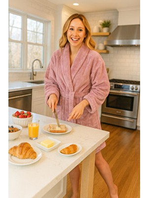 Yumuşak Dokulu Pembe Polar Sabahlık , Diz Üstü