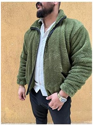 Erkek Haki Yeşil Oversize Fermuarlı Peluş Mont