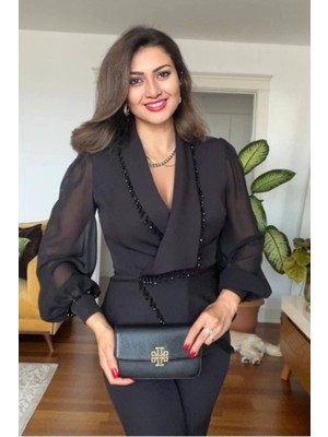 Lüks Siyah Boncuk Detaylı Kadın Ikili Takım – Şifon Kollu Ceket ve Pantolon – 36-48 Geniş Beden 415