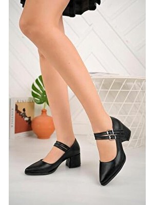 Kadın Mary Jane Balerin Siyah Cilt Arkası Kapalı Çift Bant Sivri Burunlu Baretli Kısa 5cm Topuklu Ay