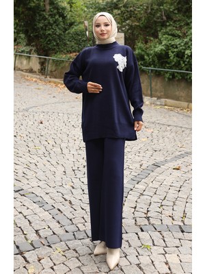 Triko Boncuk Işlemeli Tunik Pantolon Ikili Takım 1021-06 Lacivert