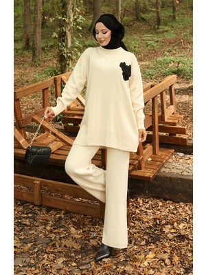 Triko Boncuk Işlemeli Tunik Pantolon Ikili Takım 1021-01 Bej