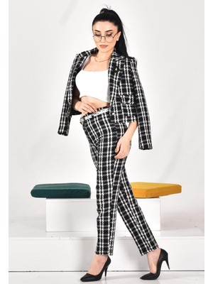 	kadın Siyah Beyaz Ekose Takım – Ceket & Pantolon Set