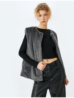 Suni Kürk Bisiklet Yaka Düğmeli Kolsuz Yelek