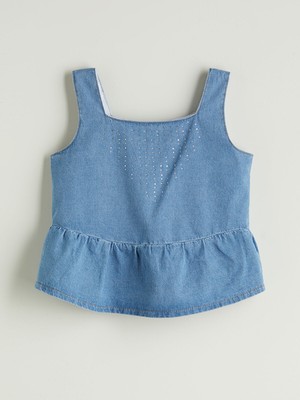 Lc Waikiki Yeni Sezon Kare Yaka Taşlı Kız Çocuk Jean Bluz