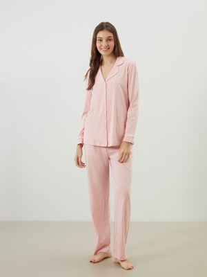 Lc Waikiki Yeni Sezon Büyük Beden Gömlek Yaka Kalp Baskılı Kadın Pijama Takımı