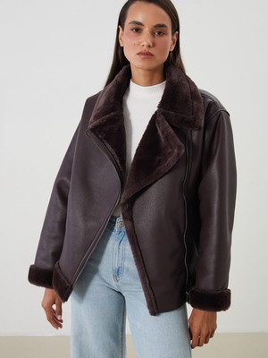 Lc Waikiki Yeni Sezon Biker Yaka Kadın Deri Görünümlü Mont