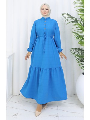 Beli Bağcıklı Yarım Düğmeli Elbise 0182-03 Turkuaz