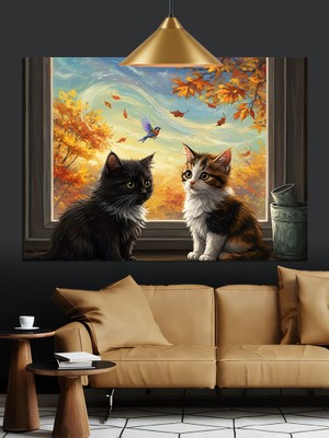 Güneşli Pencere Önünde Oturan Kediler Dekoratif Kanvas - Mdf Ahşap Tablo