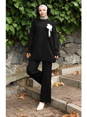 Triko Çiçek Detaylı Tunik Pantolon Ikili Takım 1028-03 Siyah