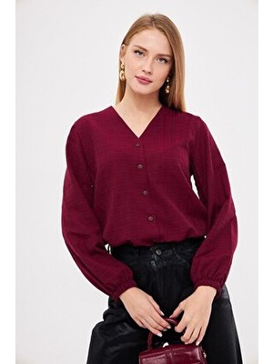 Kadın Bordo Kolu Lastikli Bürümcük Gömlek ARM-24K001002