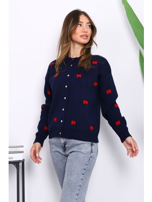 Lacivert Fiyonk Nakışlı Triko Hırka