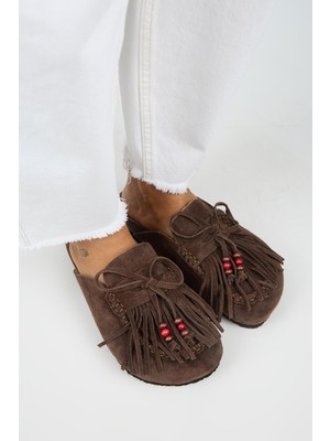 Manijero Malinda Kadın Hakiki Deri Püsküllü Boncuk Detaylı Sabo Kahve Terlik