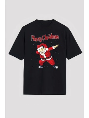 Evyora Merry Christmas Baskılı Noel Babalı T-Shirt - Siyah