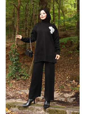 Triko Boncuk Işlemeli Tunik Pantolon Ikili Takım 1021-08 Siyah