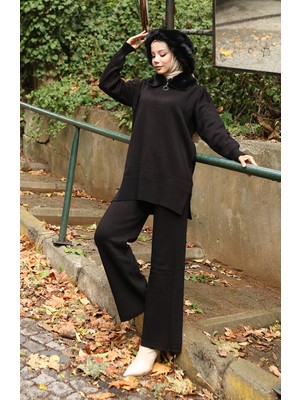 Triko Kürk Yakalı Tunik Pantolon Ikili Takım 1059-03 Siyah