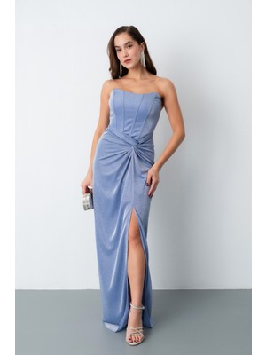 Kadın Indigo Straplez Simli Örme Abiye Elbise