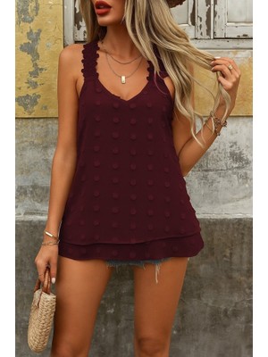 Evyora Kadın Dantel Askılı V Yakalı Sırtı Çapraz Detaylı Ponpon Bluz