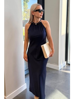 Saten Bisiklet Yaka Uzun Kadın Siyah Elbise