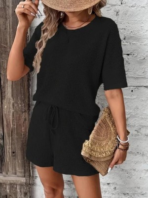 Evyora Kadın Kısa Kollu Bisiklet Yaka Alt ve Üst Waffle Ikili Takım