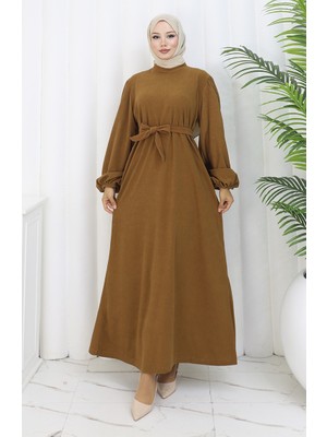 Sefa Merve Kolu Lastikli Kuşaklı Elbise 2161-01 Taba