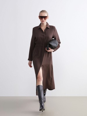 Lc Waikiki Yeni Sezon Büyük Beden Dokulu Büzgülü Gömlek Elbise