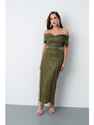Kadın Haki Kayık Yaka Midi Boncuklu Abiye Elbise