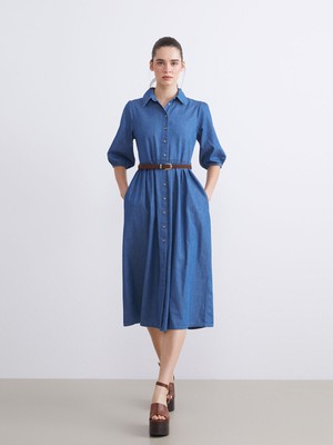 Lc Waikiki Yeni Sezon Gömlek Yaka Balon Kollu Kemerli Jean Elbise