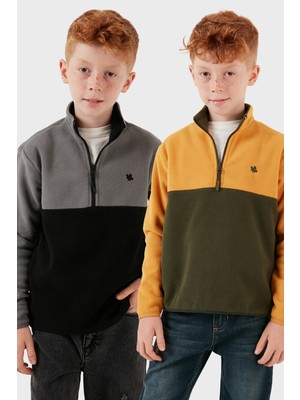 Lela Yumuşak Dokulu Yarım Fermuarlı Renk Bloklu Dik Yaka 2'li Paket Polar Çocuk Polar 5905004S2