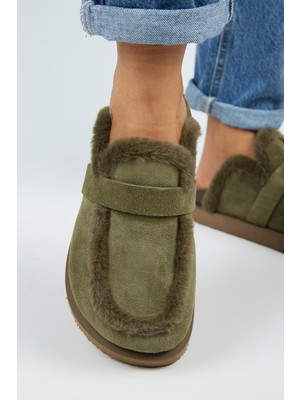 Manijero (Ecemi Platform) Kadın Haki Terlik Hakiki Deri Kürklü Loafer Düz Taban Konfor